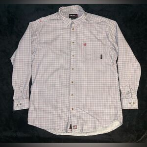 Ariat FR L/S Button Up Shirt Heavyweight White Red Blue Plaid CAT 2 2112 Sz XLT